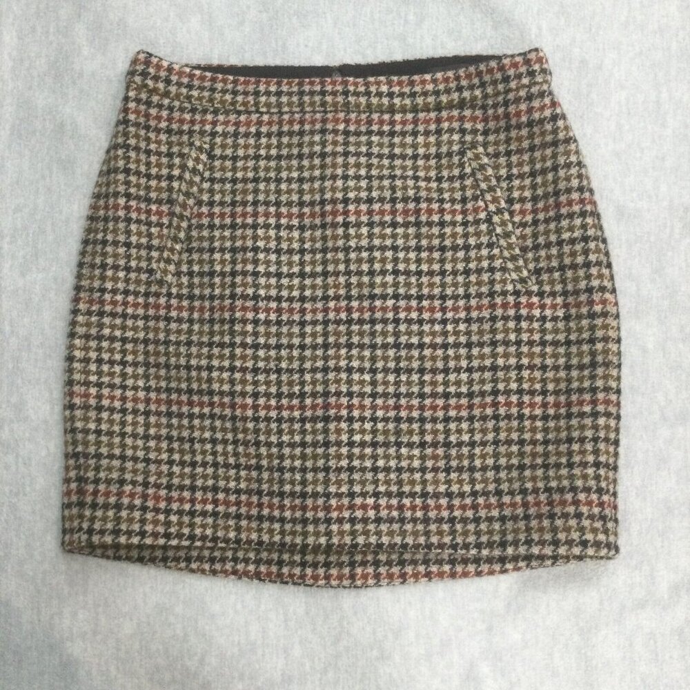 J Crew Wool Skirt 2 Brown Mini Houndstooth Plaid Zip Pockets Lined Career